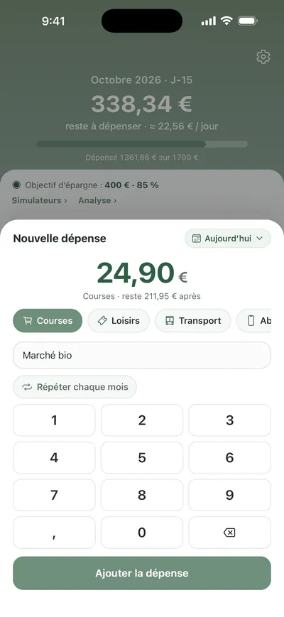Ajout d'une dépense : 24,90 € pour « Marché bio » dans la catégorie Courses, avec le pavé numérique