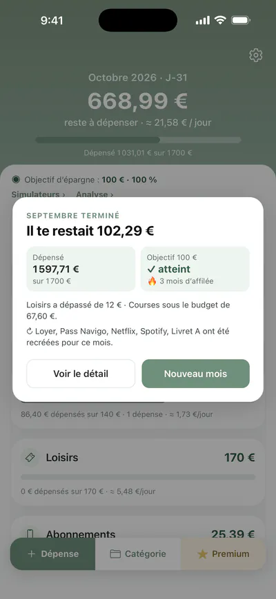 Bilan de septembre : il te restait 102,29 €, objectif d'épargne atteint trois mois d'affilée